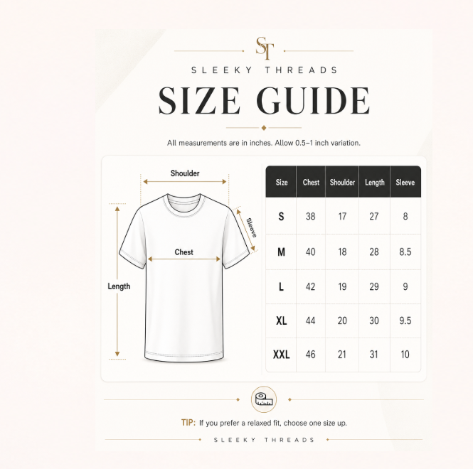 Example T-shirt size guide showing chest, shoulder, length and sleeve measurement positions, and sizes S through XXL
